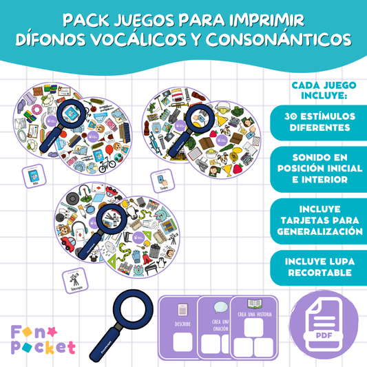 Pack juegos imprimibles dífonos vocálicos  consonánticos