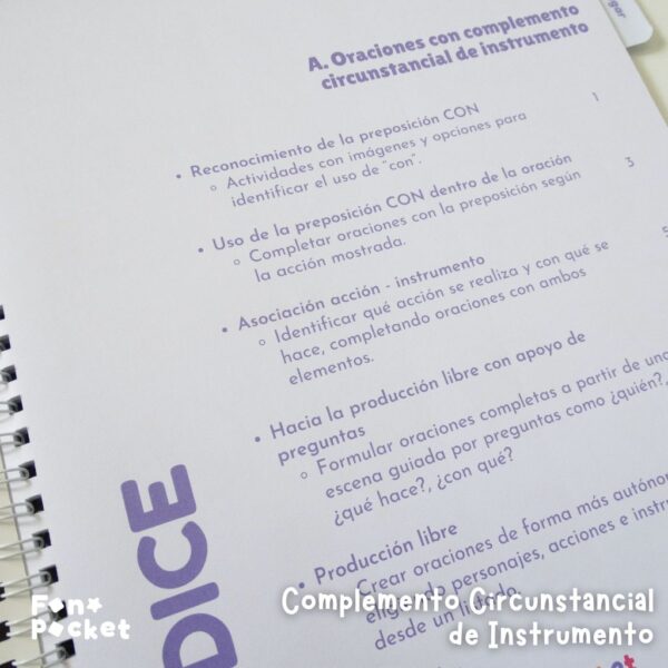 cuadernillo físico para trabajar oraciones con complemento circunstancial de instrumento y de lugar fonopocket