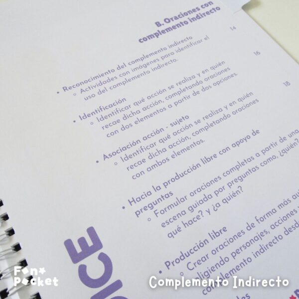 cuadernillo físico para trabajar oraciones con complemento directo e indirecto fonopocket