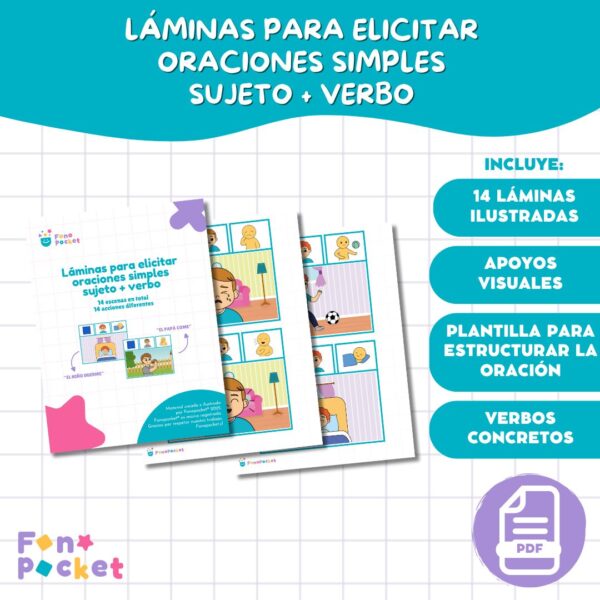 láminas para trabajar oraciones simples sujeto + verbo fonopocket