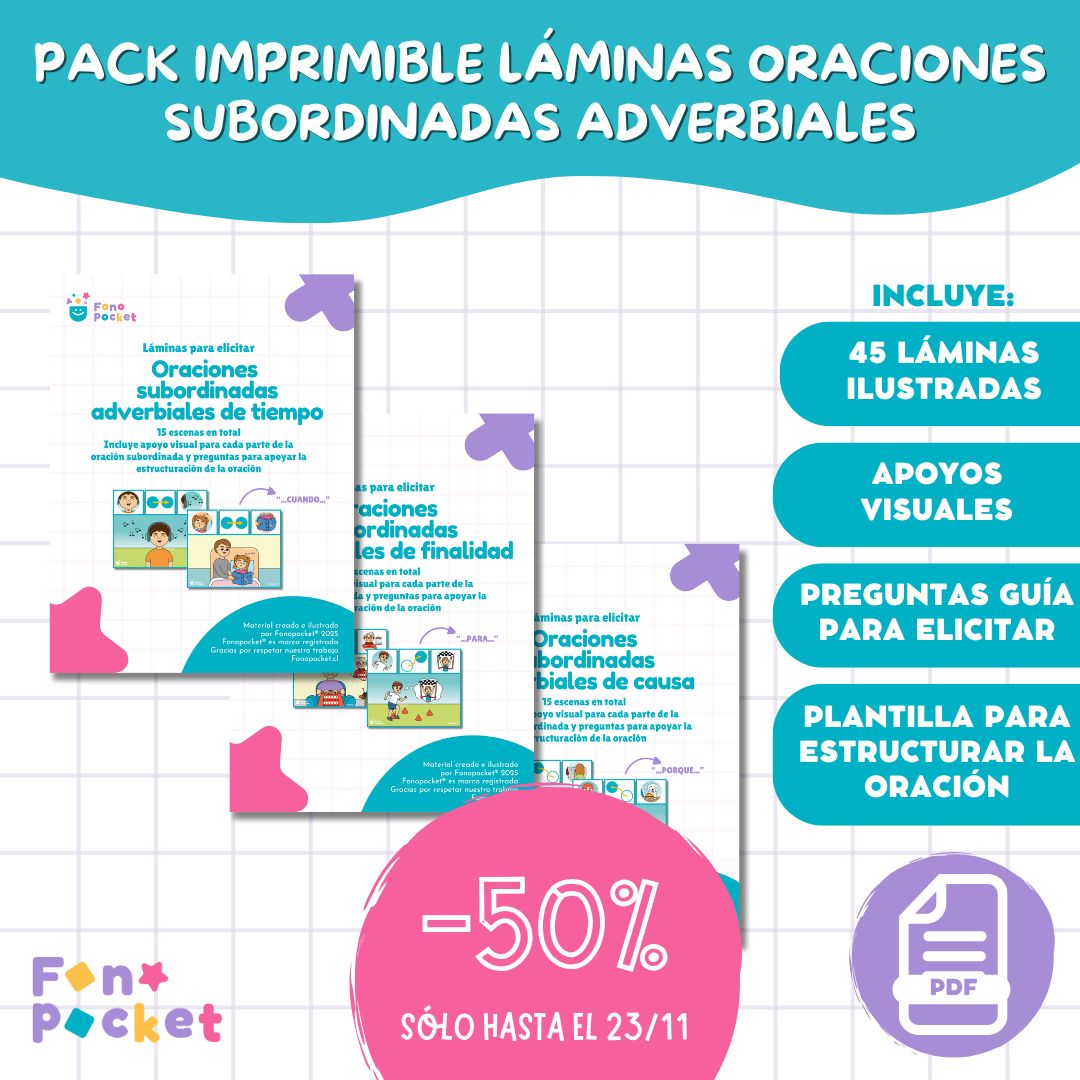 Material - Fonopocket Pack imprimible Láminas para elicitar oraciones subordinadas adverbiales